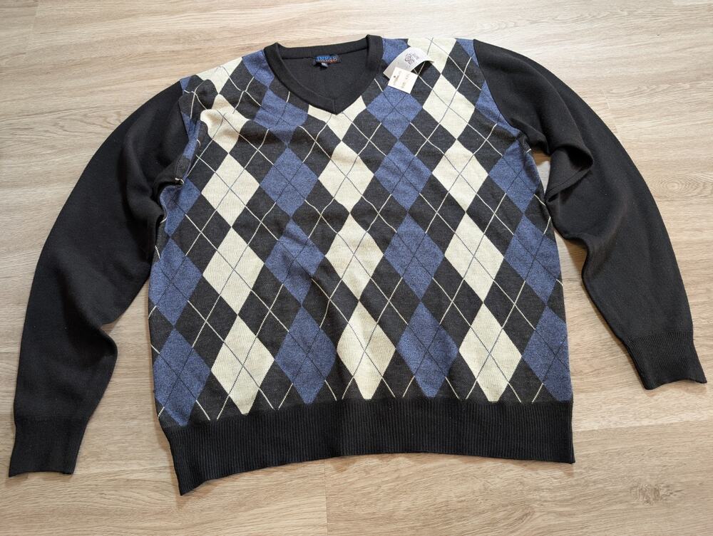 LINE 48 Mens XXL Black Blue Argyle V Neck Long Sleeve Knit Pullover Sweater